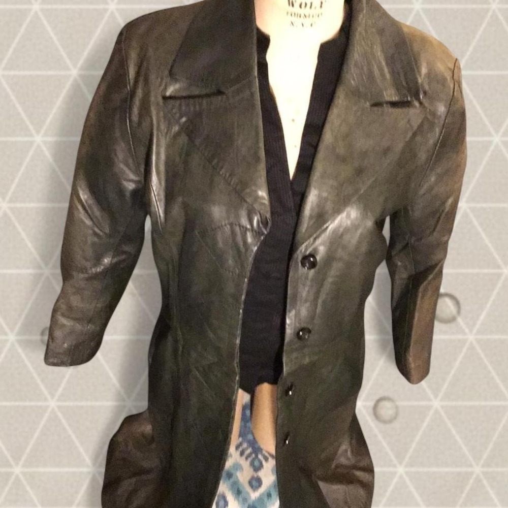 Nomar Barcelona 1969 Vintage Green Distressed Leather Hand Made Trench Coat